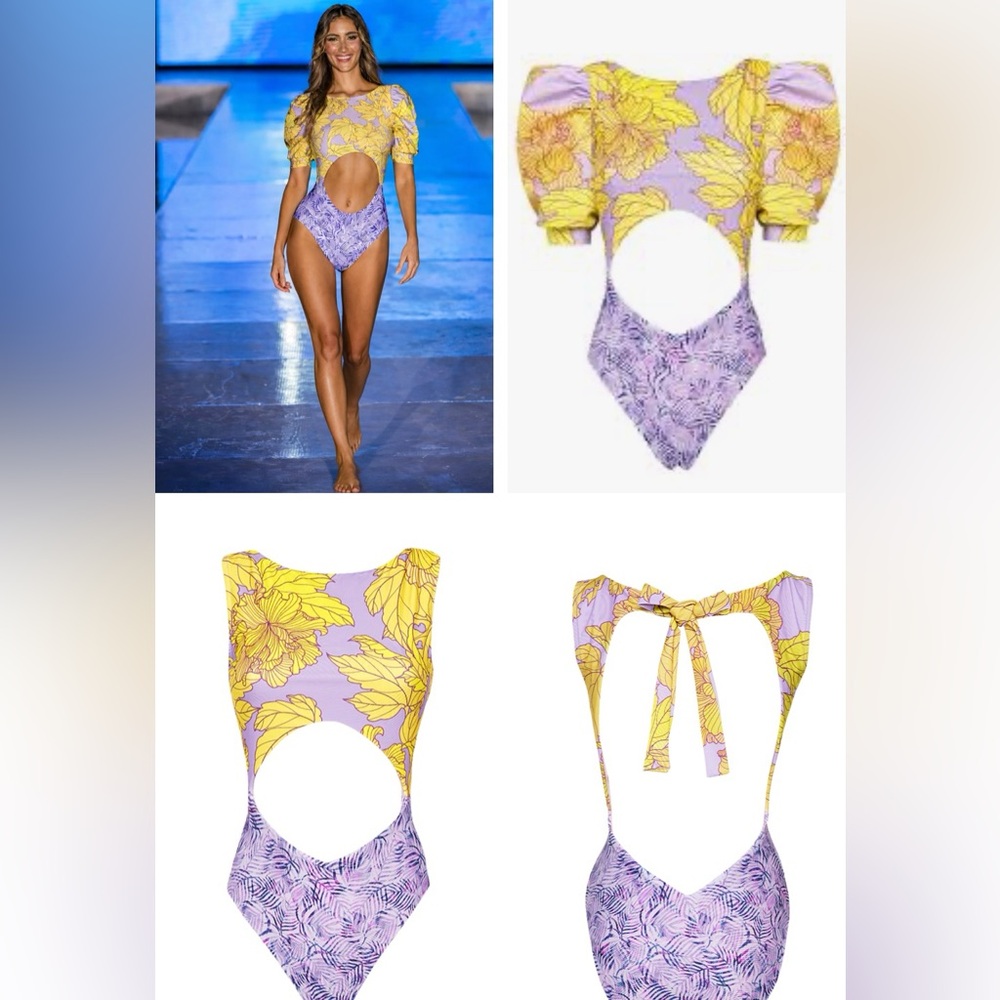 Lia Sahara Hibiscus One Piece Swimsuit Puffed Sleeves NWT Size S/M